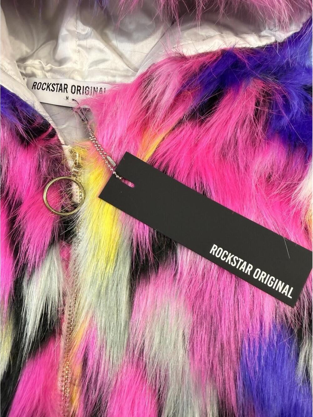 Rockstar Original Women Faux Fur Multicolor Hooded Crop Jacket NWT Size M - Picture 9 of 16